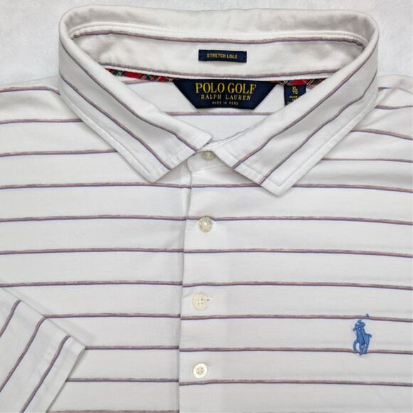 Polo Golf Ralph Lauren Stretch Lisle Mens Golf Polo Shirt XL White Gray Stripe - Picture 1 of 7